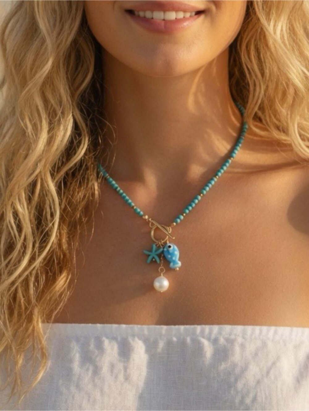 Beaded Charm Fish Necklace with Pearl Drop
